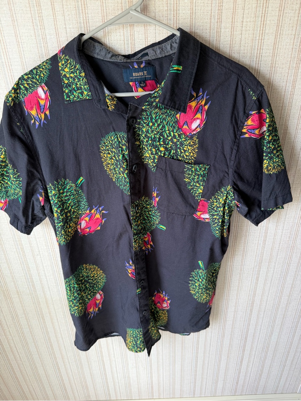 Roark Black Short-Sleeve Button-Up with Green and Pink Tropical Fruit Print